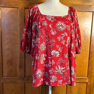 Maurice’s Womens Vibrant Red Floral Boho Peasant Puff Sleeves Top Sz 1X